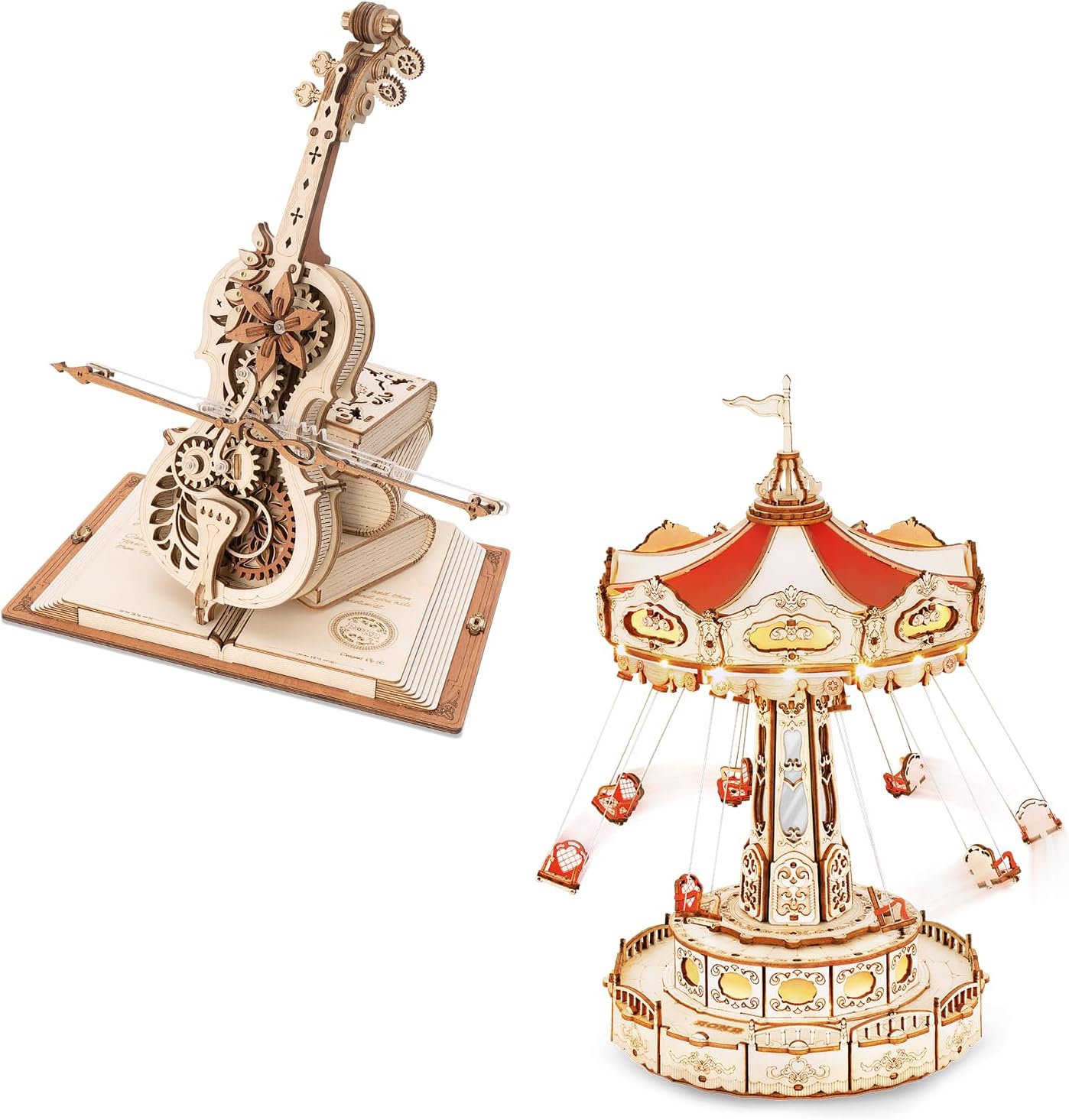 ROKR AMK63+EA02 3D Puzzles for Adults 1:5 Scale Cello Model Kit and Music Box Kit Rotating Swing Ride