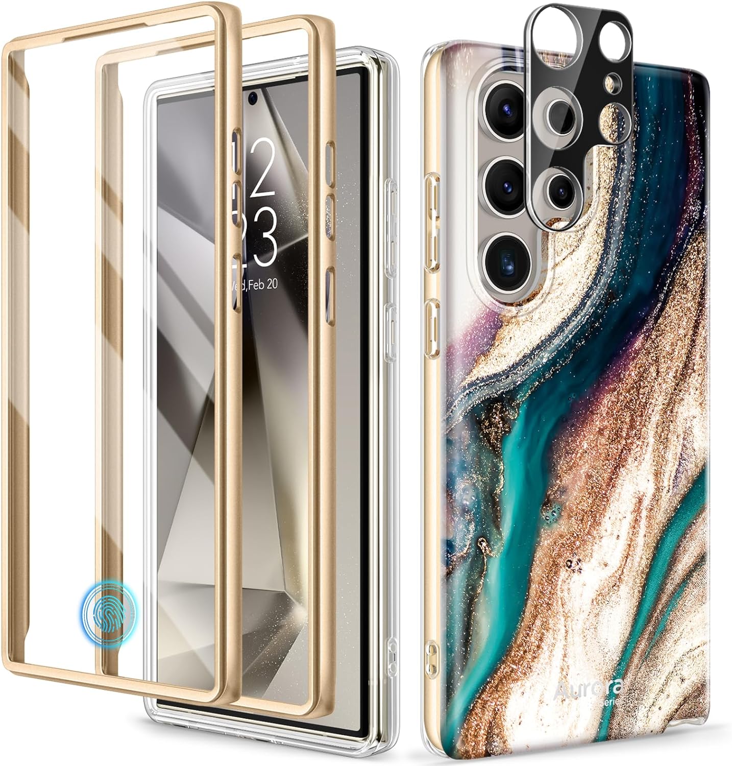 GVIEWIN Designed for Samsung Galaxy S24 Ultra Case, [Built-in Screen Protector + Camera Lens Protector ][2 Front Frames] Military Grade Drop Protective, Stylish Marble Phone Cover(Drift Sand/Brown)