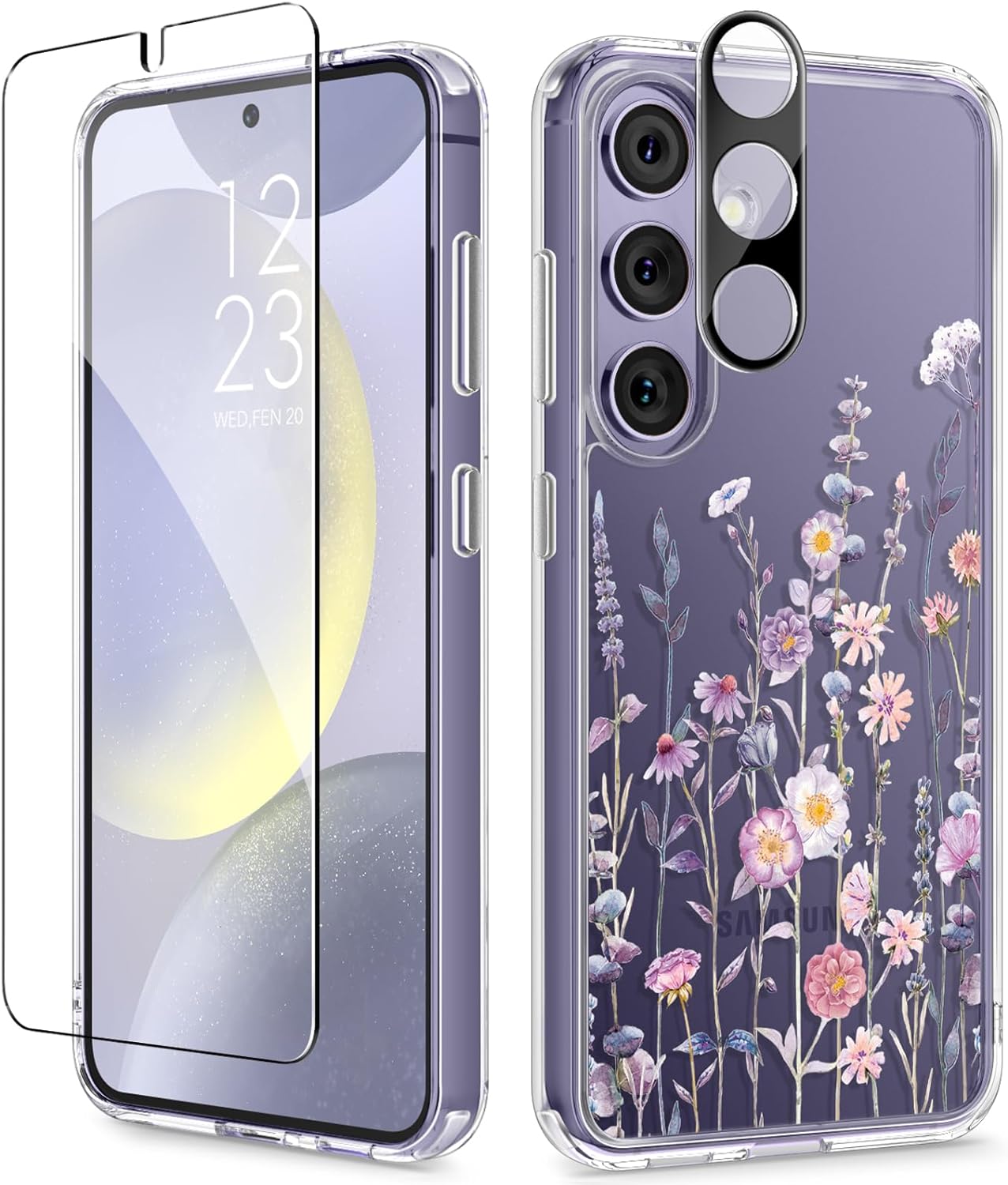 GVIEWIN Compatible with Samsung Galaxy S24 Case Floral, with Screen Protector & Camera Lens Protector, Hard PC+TPU Bumper Clear Shockproof Protective Women Phone Cover 6.2 (Floratopia/Colorful)