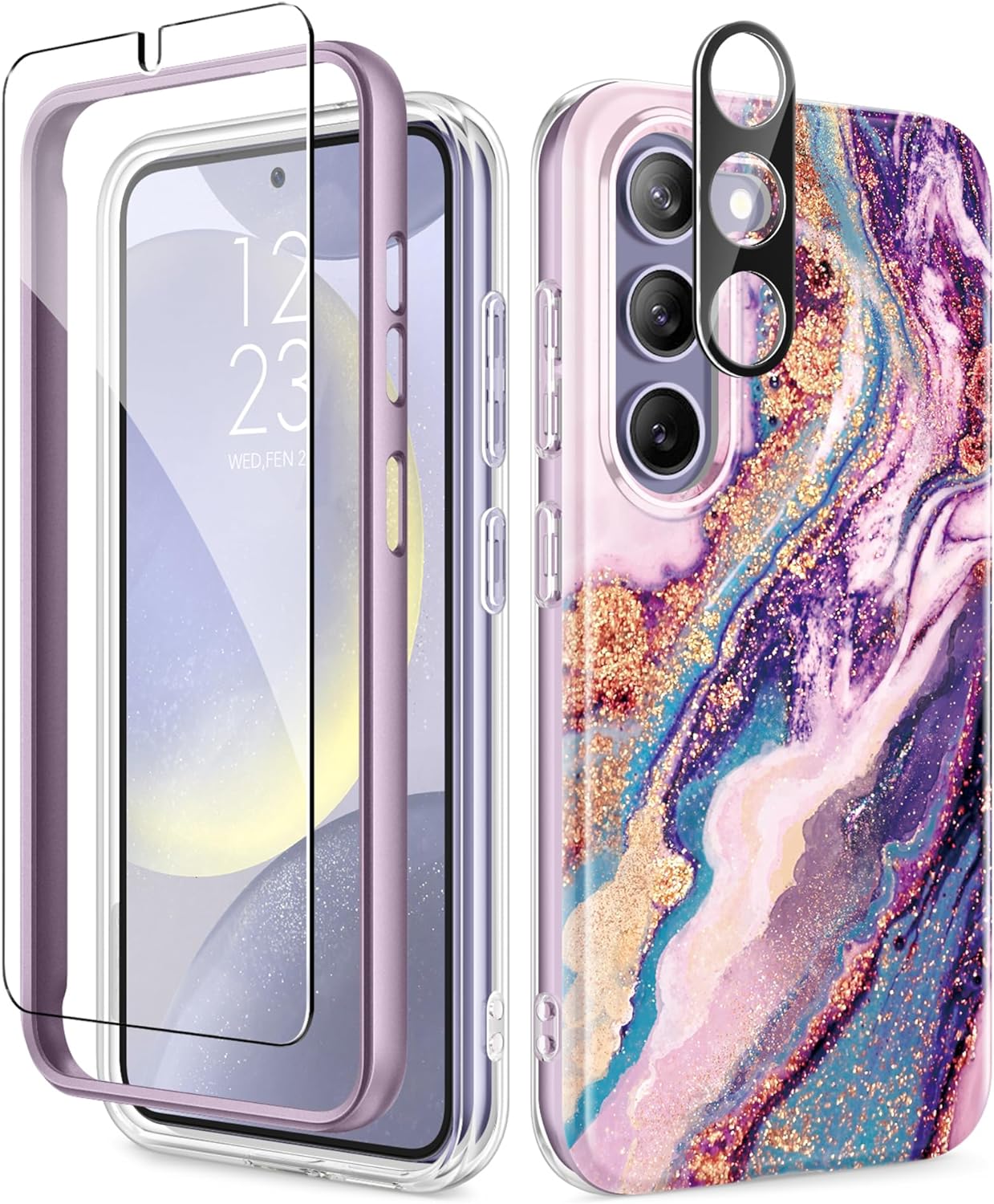 GVIEWIN for Samsung Galaxy S24 Case with Screen Protector & Camera Lens Protector, [Military Grade Drop Test] Full Body Protection Rugged Marble Phone Cover Women 6.2 (Dreamland River/Purple)