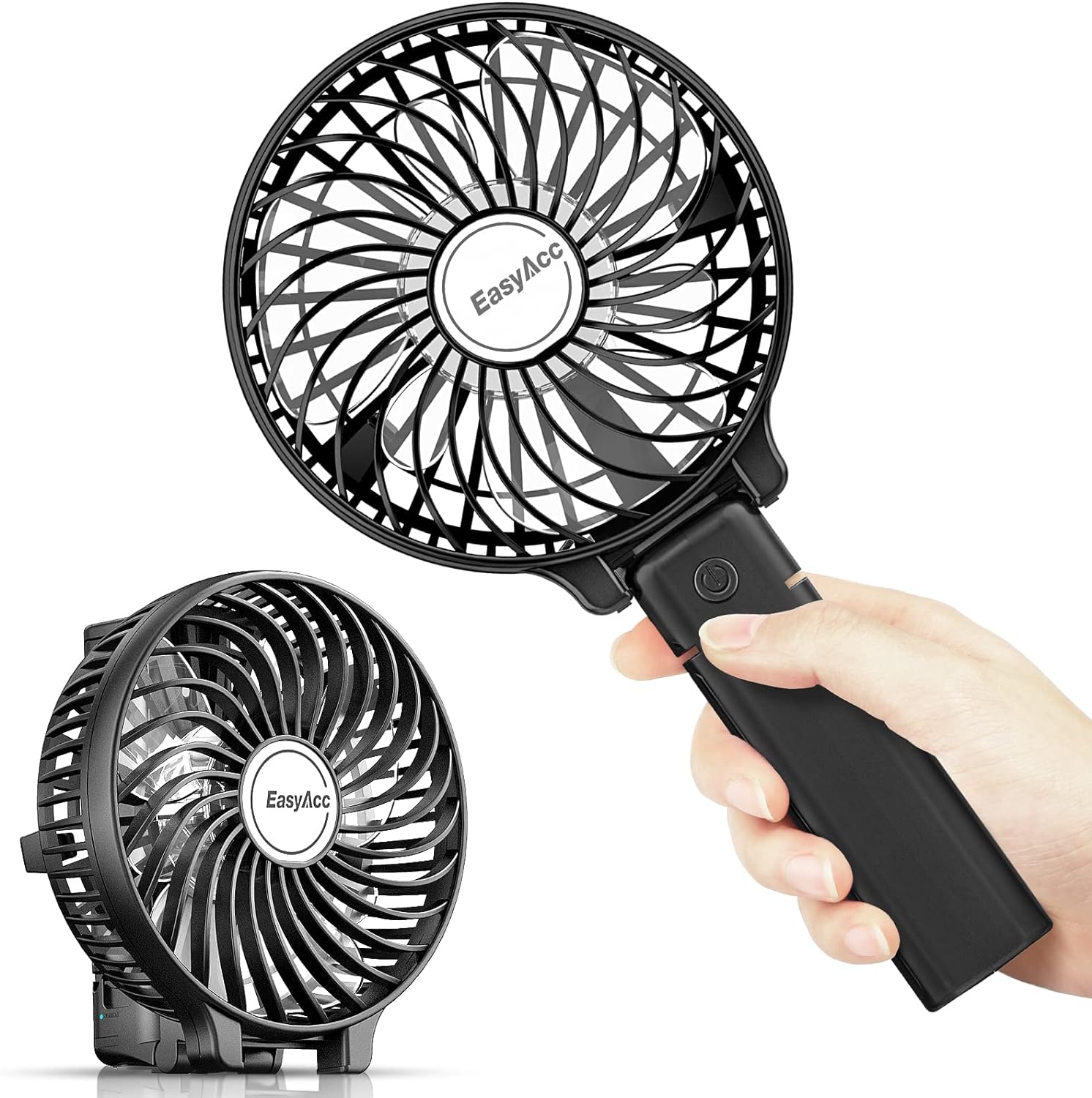 This portable handheld fan is amazing. This is my 2nd purchase because I love it that much. It is REALLY powerful and you will be surprised how strong it blows for such a small fan. It has 3 speeds and runs for a very long time on one charge. I love that it is USB and doesn't need batteries. We RV camp a lot and this fan has saved me from melting and I won't camp without it. I bought this 2nd one to carry with me in my handbag for when we are out walking in the summer heat. It can be hand-held o