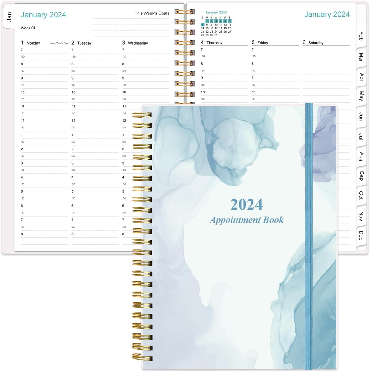 2024 Appointment Book & Planner - A5 2024 Daily Hourly Planner from January 2024 - December 2024, Weekly Appointment Book with 30-Minute Interval, Medium 6.4 x 8.5, Blue Watercolor