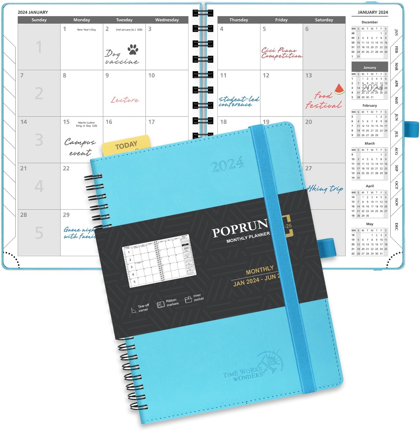 POPRUN Monthly Planner 2024-2025 Spiral Bound (6.5'' x 8.5'') 18 Months Calendar (Jan 2024 - Jun 2025) - 4 Pages per Month with Monthly Expense & Notes, Vegan Leather Cover - Blue Green