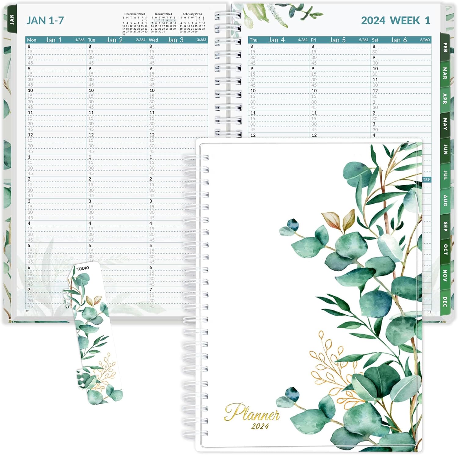 SUNEE 2024 Appointment Book, Quarter-Hourly, Weekly & Monthly - from January 2024 - December 2024, 6.4x8.3 Weekly Planner, Flexible Cover, Note Pages, Pockets, Bookmark,Spiral Binding, Greenery