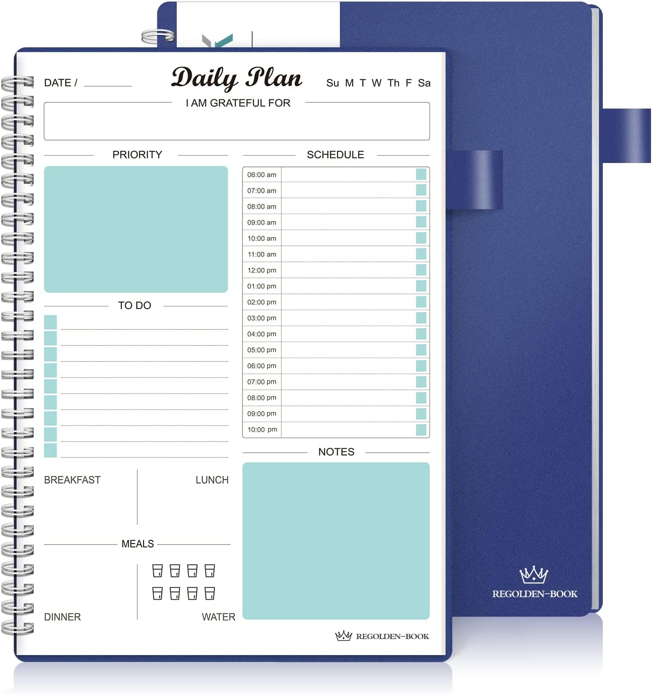 Daily Planner Undated, To Do List Notebook with Hourly Schedule Regolden-Book Calendars Meal, Spiral Appointment Organizers Notebook for Man/Women, Pocket, Pen Loop, 160 Pages (7x10)