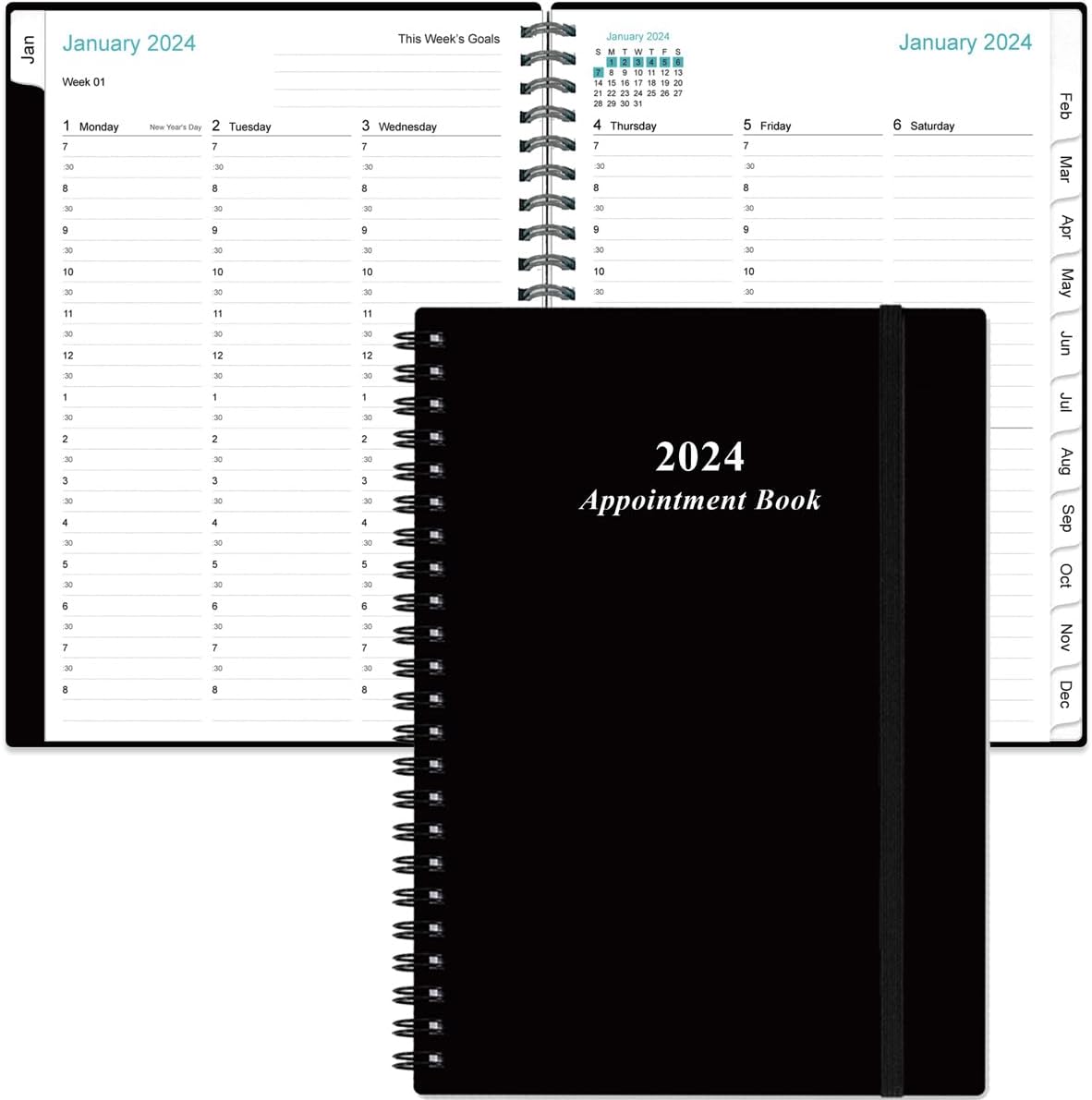 2024 Appointment Book & Planner - A5 2024 Daily Hourly Planner from January 2024 - December 2024, Weekly Appointment Book with 30-Minute Interval, Medium 6.4 x 8.5, Black