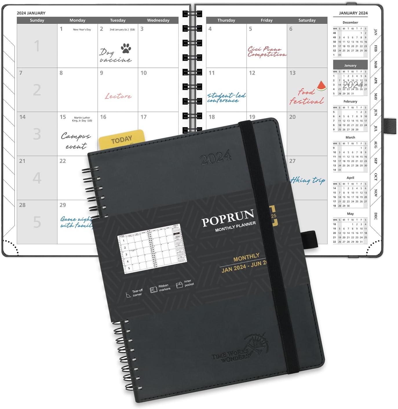 POPRUN Monthly Planner 2024-2025 Spiral Bound (6.5'' x 8.5'') 18 Months Calendar (Jan 2024 - Jun 2025) - 4 Pages per Month with Monthly Expense & Notes, Vegan Leather Cover - Black