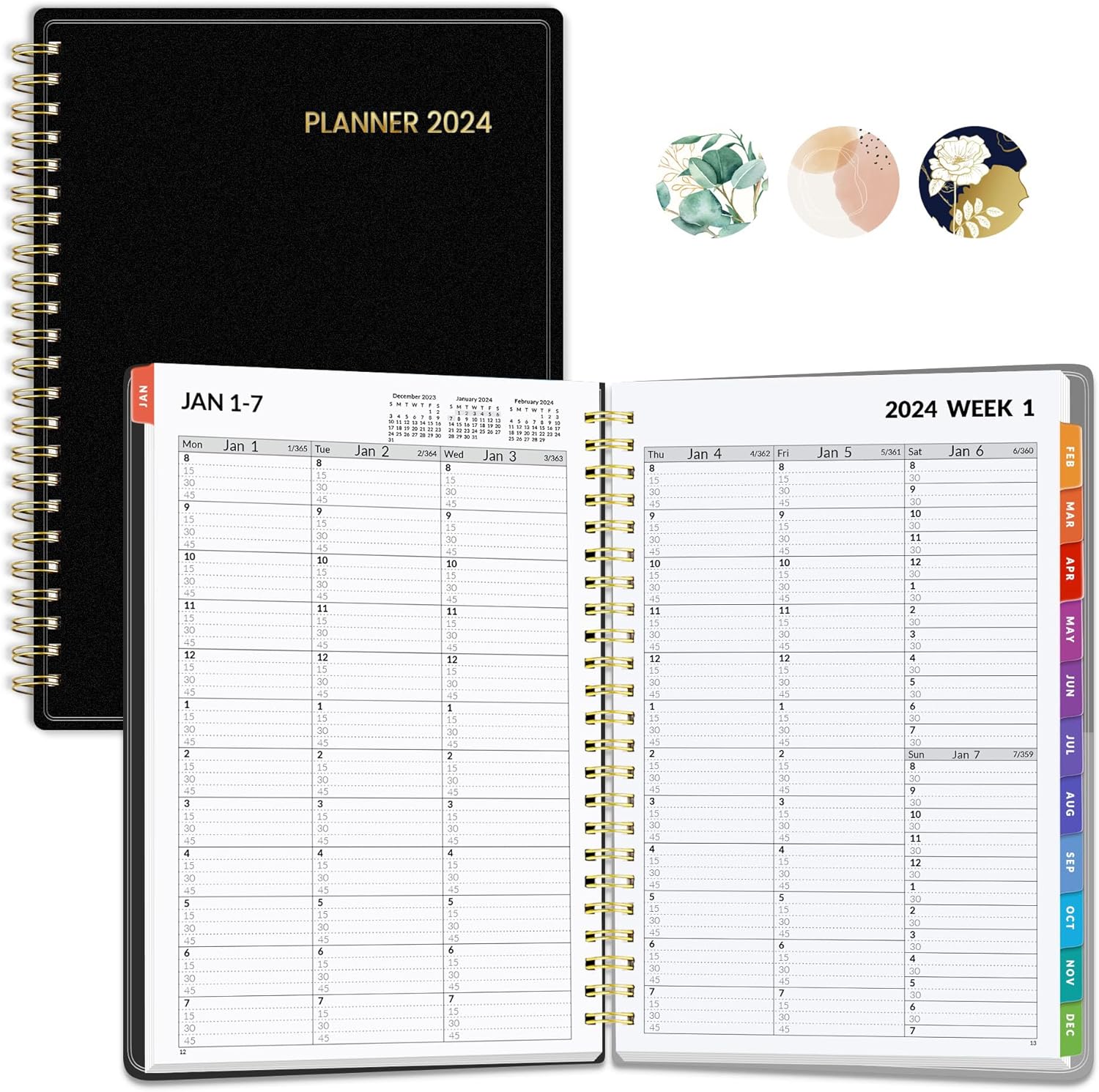 SUNEE 2024 Appointment Book, Quarter-Hourly, Weekly & Monthly - from January 2024 - December 2024, 6.4x8.3 Weekly Planner, Flexible Cover, Note Pages, Pockets, Bookmark, Spiral Binding, Black