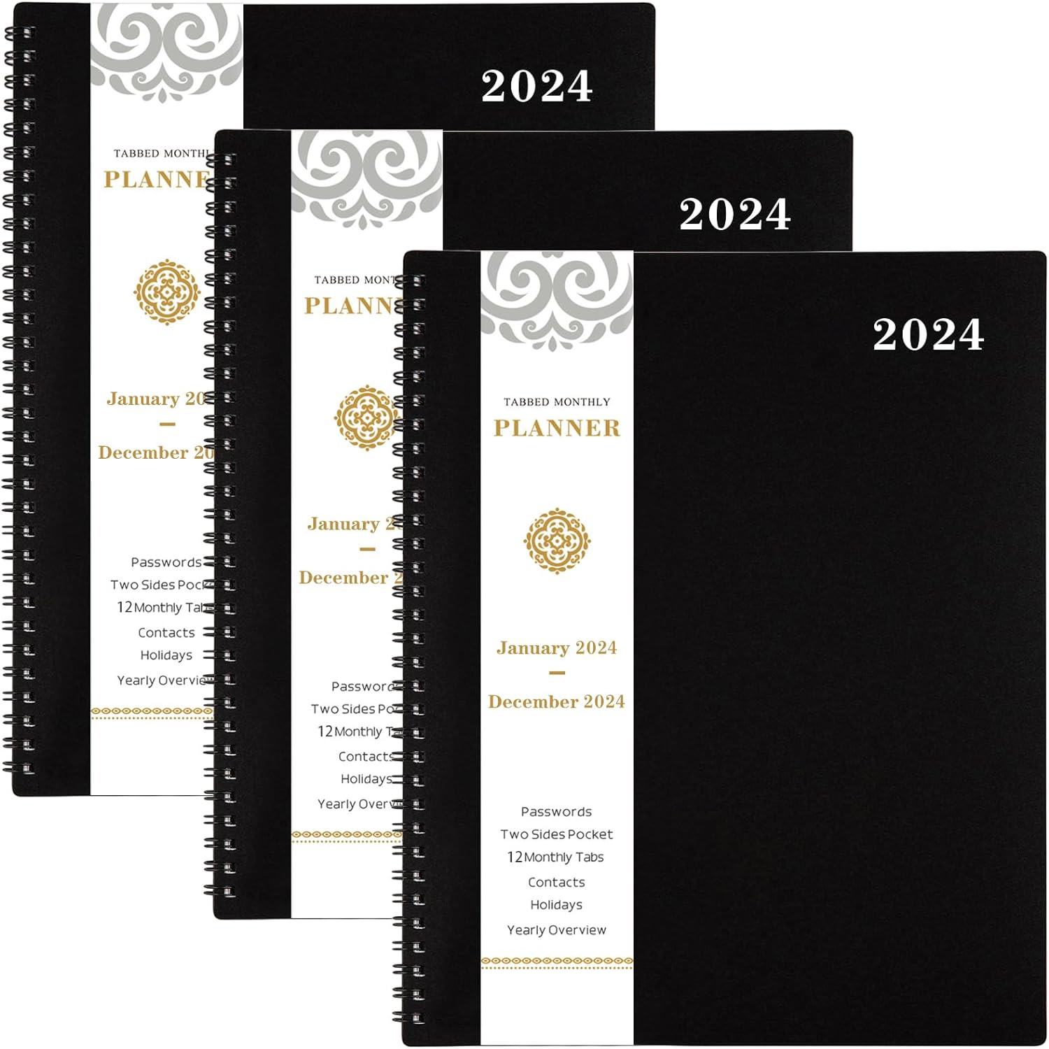 Monthly Planner/Calendar 2023-2024,18-Month Planner 2023-2024JUL. 2023,DEC. 2024, 2023-2024 Monthly Planner with Tabs & Pocket & Label, Contacts and Passwords, 8.5x11, 3 Pack,Black by Artfan