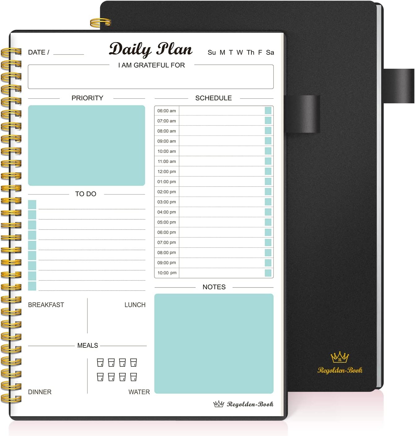 Daily Planner Undated, To Do List Notebook with Hourly Schedule Regolden-Book Calendars Meal, Spiral Appointment Organizers Notebook for Man/Women, Pocket,Pen Loop, 160 Pages (7x10)