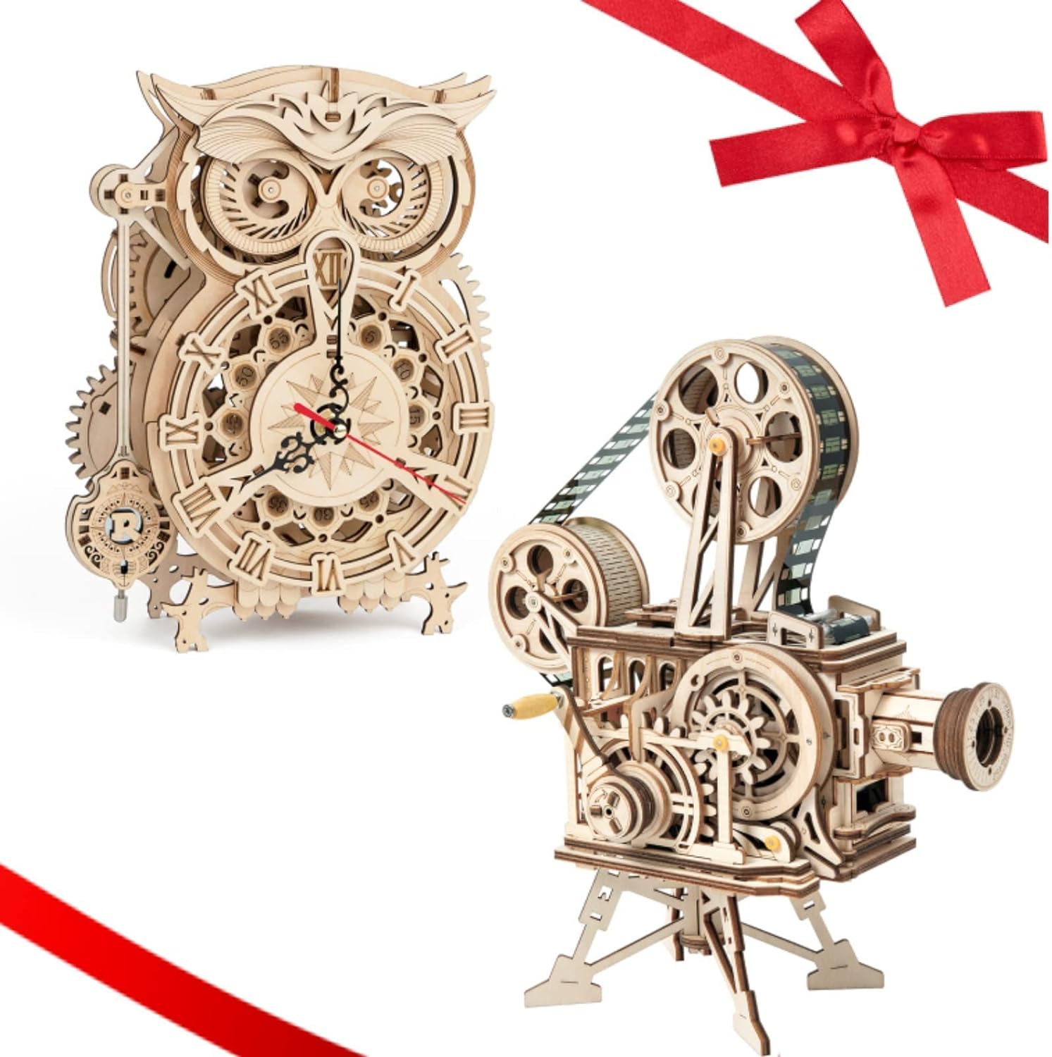 ROKR 3D Wooden Puzzles for Adults Owl Clock & Film Projector Bundle Gift Toys Home Decor