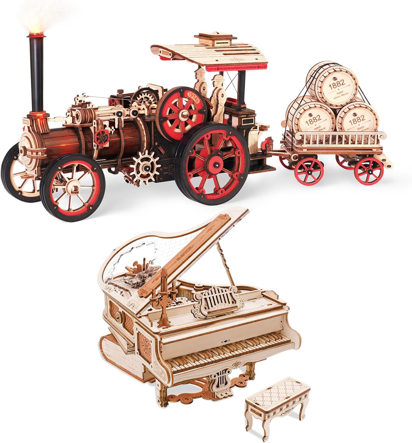 ROKR 3D Wooden Puzzles for Adults Piano Model Kit and Electric Steam Engine Vehicle