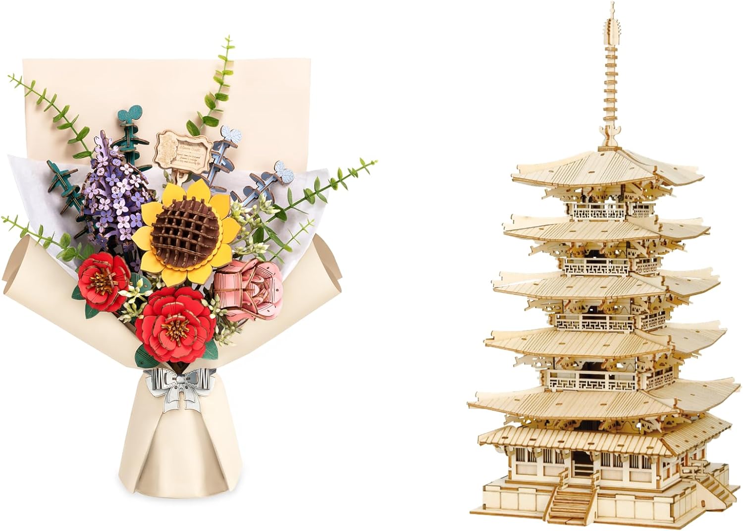 Rowood 3D Wooden Puzzles for Adults Bundle DIY Flower Bouquet, DIY Five-Storied Pagoda Bundle Flower Bouquet, Wooden Model Kits for Adults,Gifts for Teens on Christmas