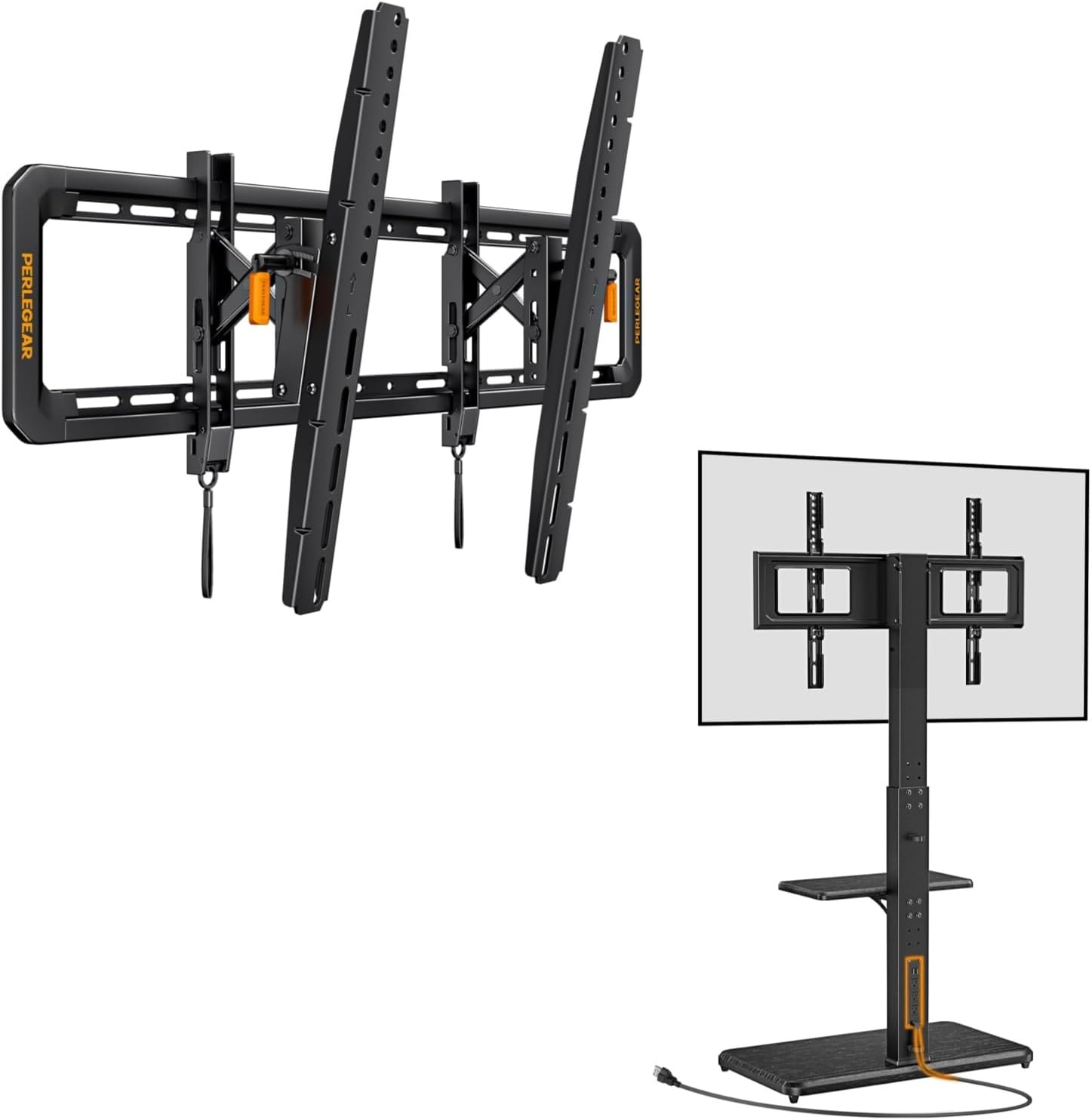 Perlegear Advanced Tilt TV Wall Mount, UL-Listed Wall Mount TV Bracket for Most 42-90 inch TVs up to 150 lbs with Perlegear Floor TV Stand with Power Outlet, Universal TV Stand for 32-70 inch TVs