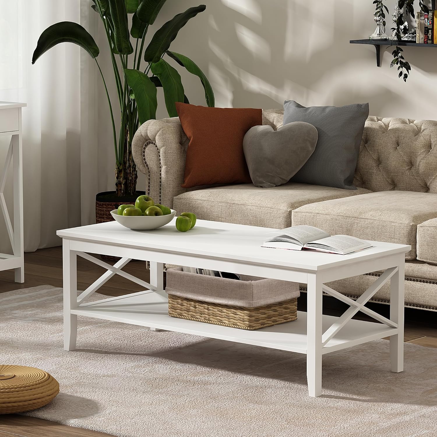 ChooChoo Coffee Table Classic X Design for Living Room, Rectangular Modern Cocktail Table with Storage Shelf, 47 Inch (White)