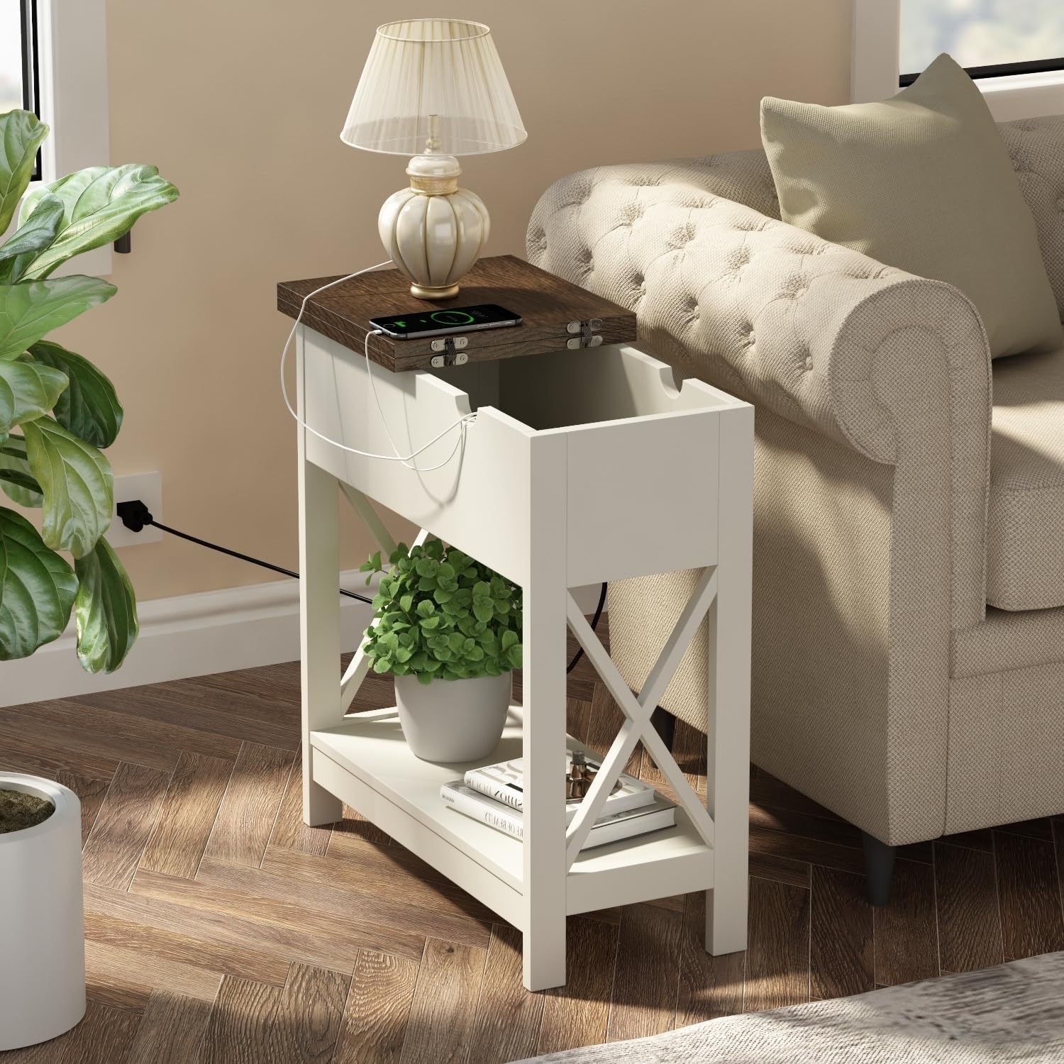 ChooChoo Farmhouse End Table with Charging Station, Narrow Flip Top Side USB Ports & Power Outlets for Small Spaces, Bedside Storage, Nightstand Sofa Table for Living Room, White and Brown