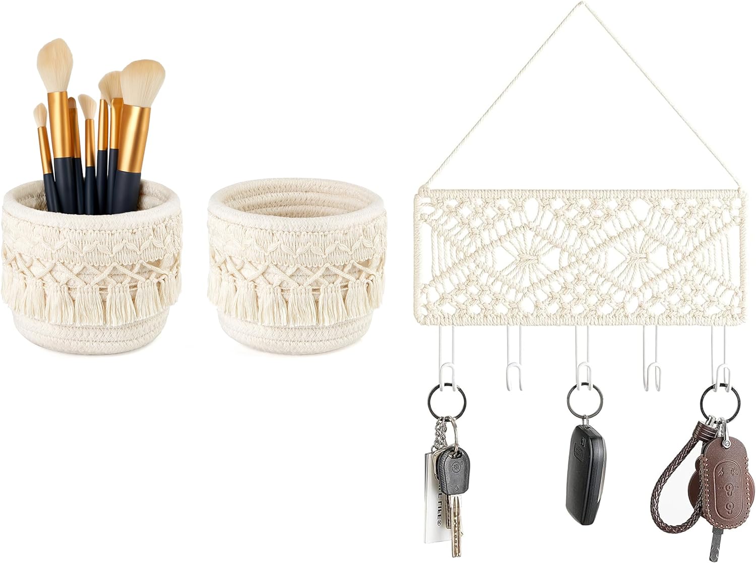 Mkono 3 Pack Macrame Baskets and Key Holder for Wall