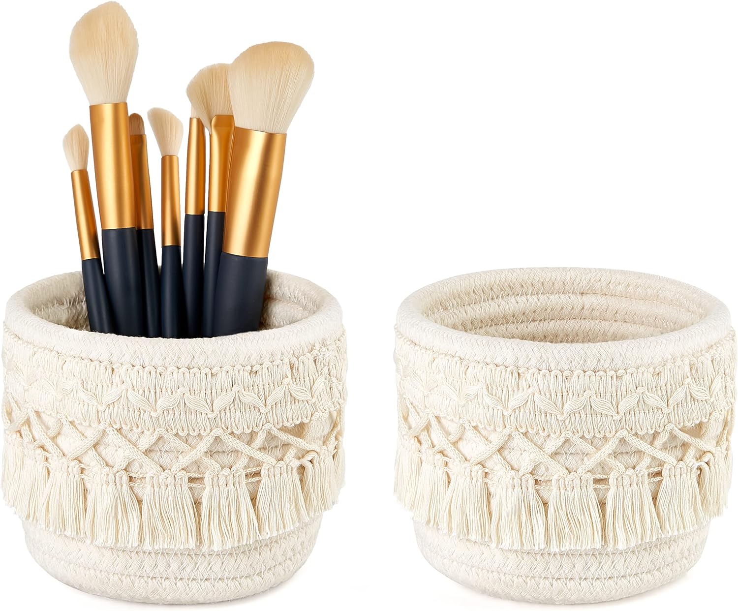 Mkono Macrame Makeup Brush Holder Organizer Comb Brushes Mini Storage Basket Set of 2 Boho Decor Baskets for Pen Pencil Box Container ,Ivory