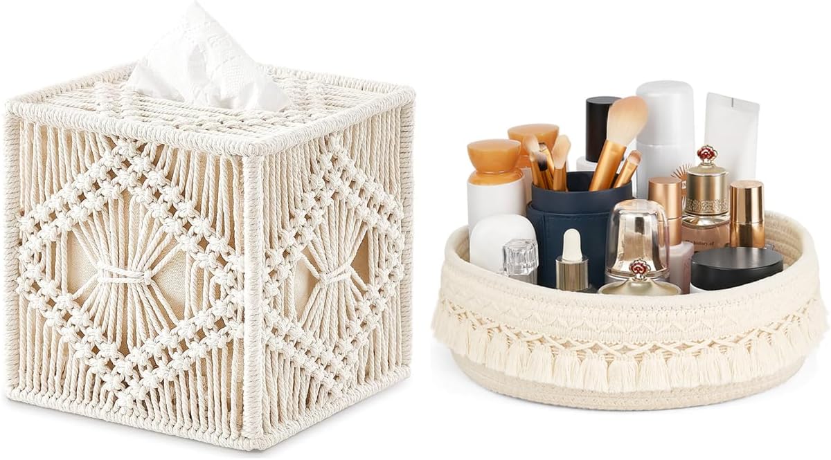 Mkono 2 Pcs Macrame Tissue Holder Box and Makeup Perfume Holder Organzier Woven Storage Basket