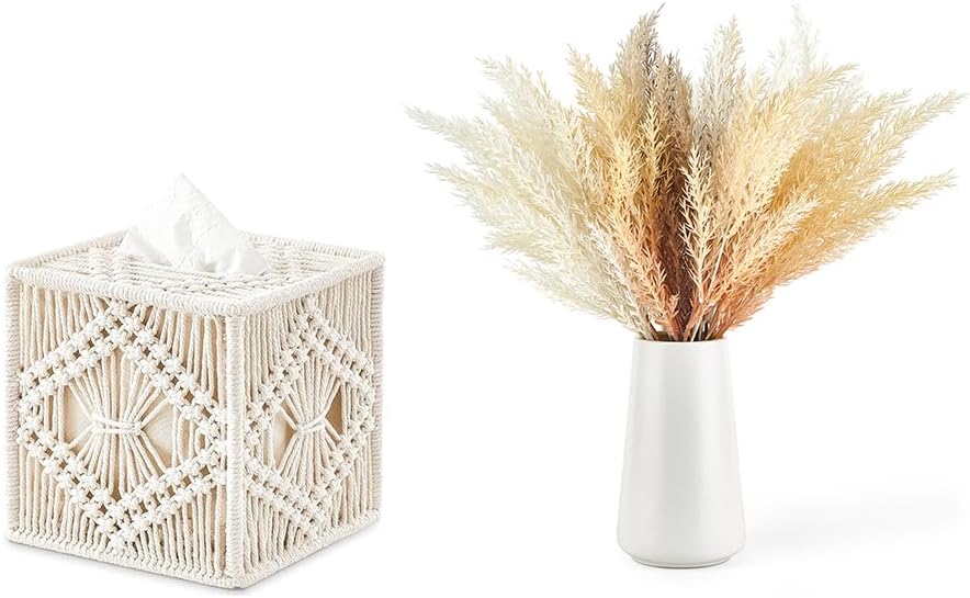 Mkono Tissue Box Cover and Faux Pompous Flowers Grass in Ceramic Vase Boho Decor Centerpieces Coffee Table Decor for Bedroom Living Room Home Office, Set of 2