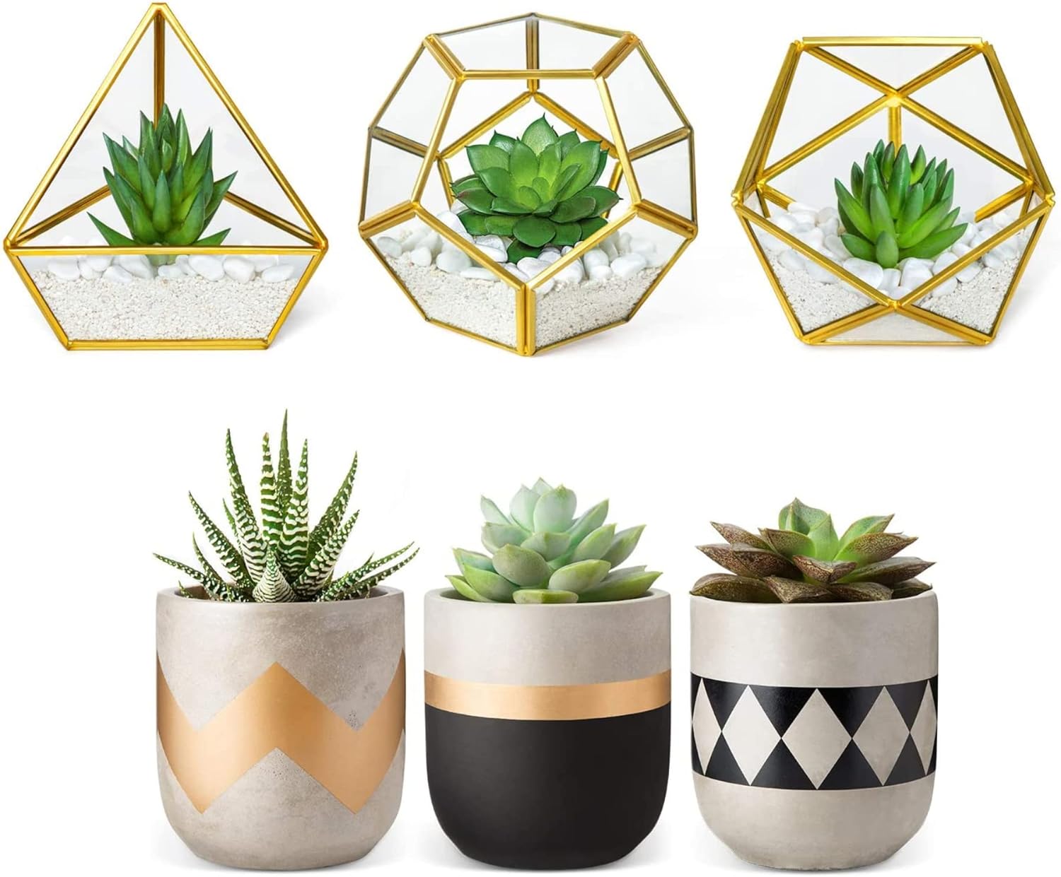 Mkono Office Decor for Women, Artificial Succulent in Geometric Terrarium and Mini Cement Succulent Pots Flower Planter for Desk Shelf Home Office Room Decor