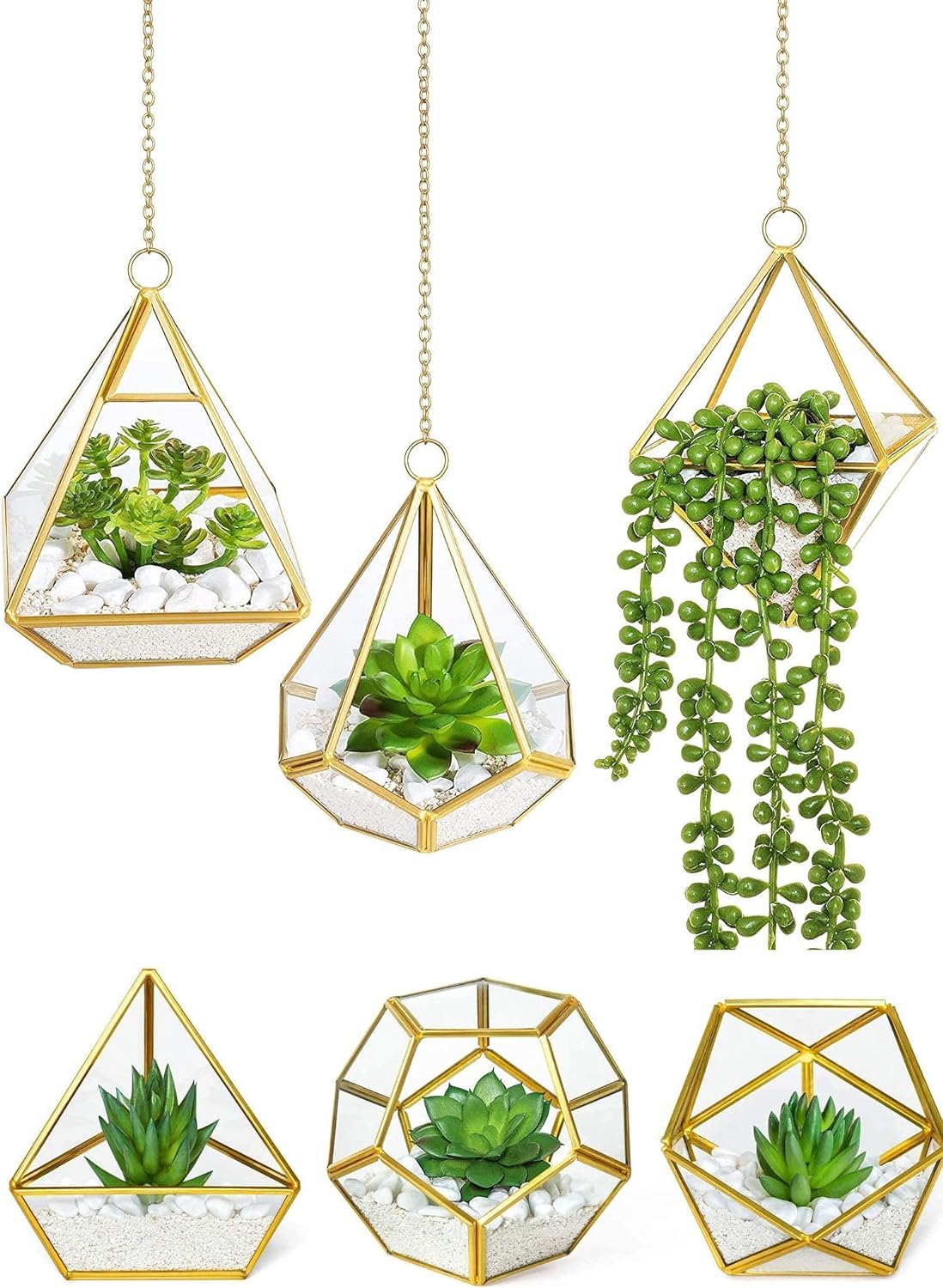 I have received so many compliments on these hanging plants. A few gfs even went out to purchase them. They do require some assembly (rocks, pebbles, and plants are separate). I also had to purchase the hooks for the ceiling but I love them with the lamp below and the glass twinkles at night. Also, since they are fake they require no watering from this height challenged female.