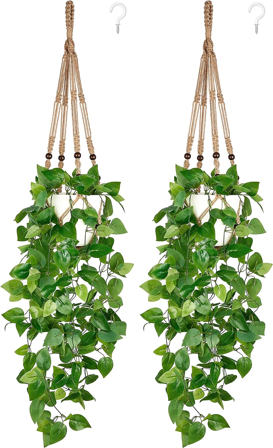 Mkono 2 Packs Fake Hanging Plant with Pot, Artificial Plants for Home Decor Indoor Macrame Plant Hanger with Faux Vine Hanging Planter Greenery for Bedroom Bathroom Office Decor, Brown (Pothos)