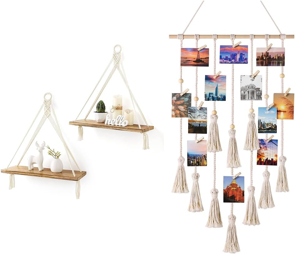 Mkono 2 Pcs Hanging Shelves and Macrame Wall Hanging Photo Display with Light Boho Home Office Teen Girl Room Decor Organizer, Set of 3