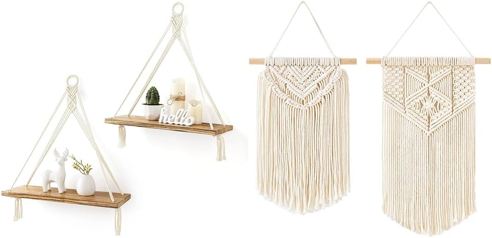 Mkono Macrame Wall Decor 4 Piece Set, 2 Pcs Macrame Wall Hanging Art Boho Wall Decor and 2 Pcs Hanging Shelves Wood Floating Storage Shelf for Bedroom Bathroom Living Room Nursery Dorm Room