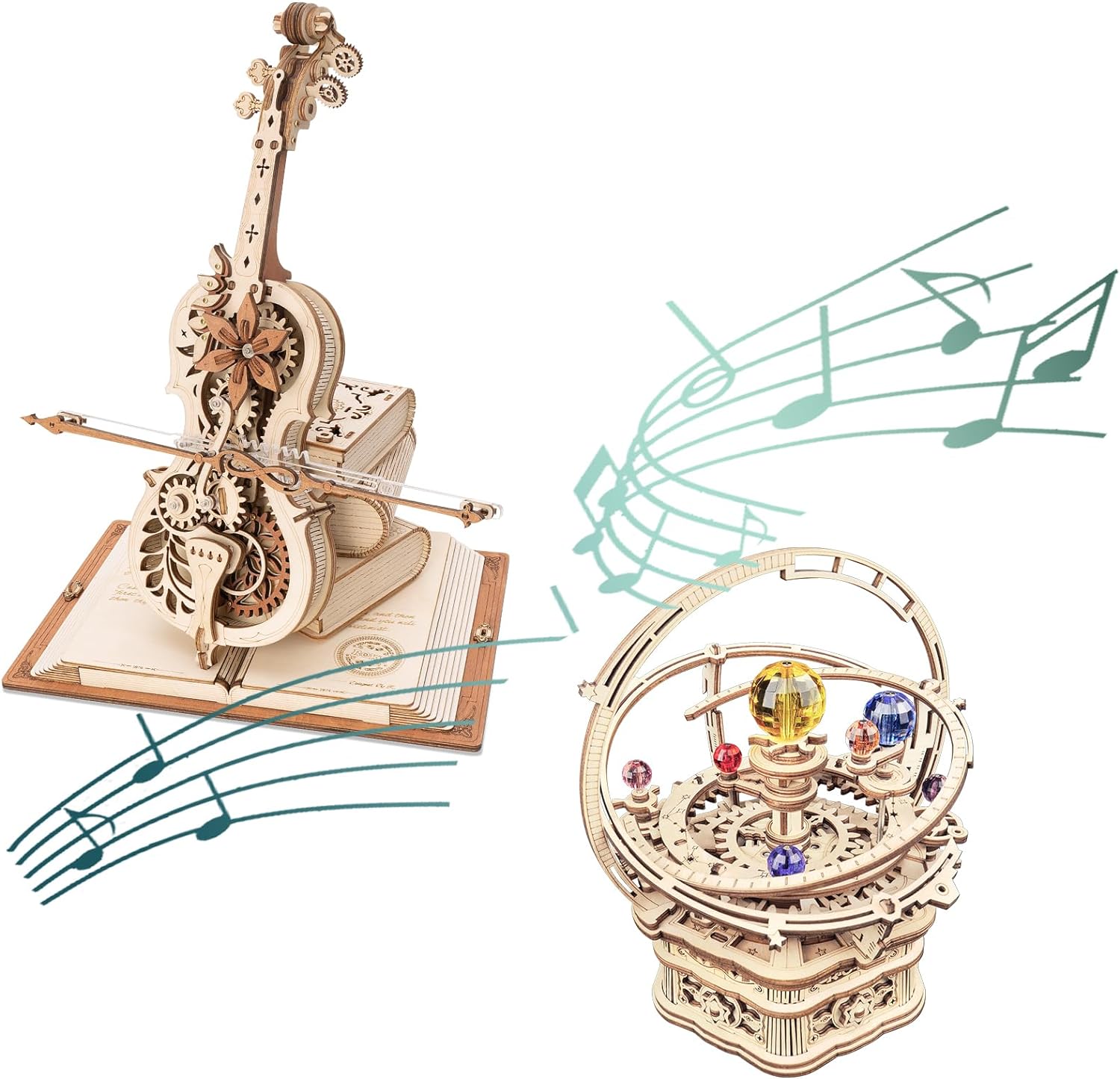 ROKR 3D Wooden Puzzles for Adults Music Box Bundle - Cello Music Box & Orrey Music Box, Unique Gift Hobby for Boys Girls Family