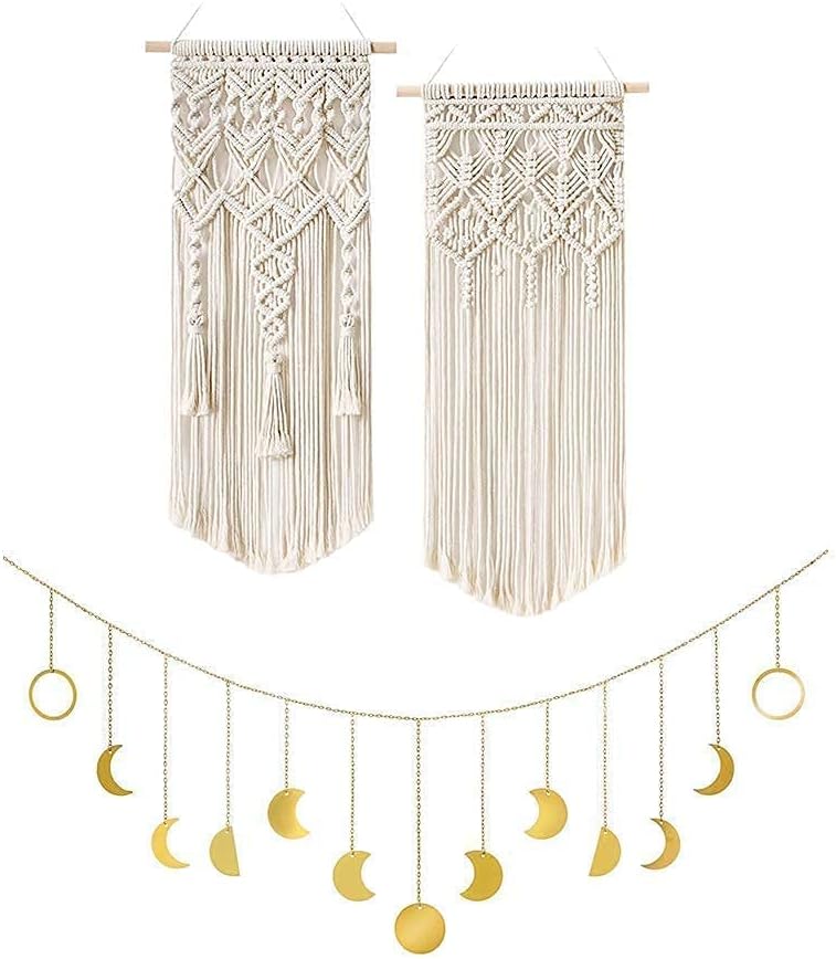 Mkono 2 Pcs Macrame Wall Hanging and Moon Phase Wall Hanging Boho Home Decoration for Bedroom Headboard Living Room Dorm Nursery Apartment Office