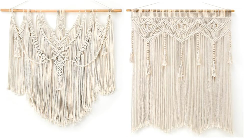 Mkono 2 Pcs Large Macrame Woven Wall Hanging Wide Boho Wall Decor for Bedroom Living Room Home, Ivory