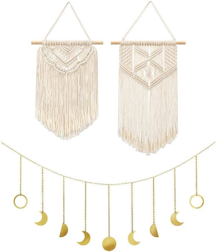 Mkono 2 Pcs Macrame Wall Hanging and Moon Phase Wall Hanging Boho Home Decoration for Bedroom Headboard Living Room Dorm Nursery Apartment Office