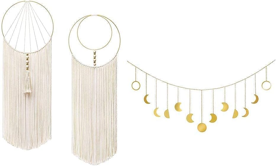 Mkono 2 Pcs Macrame Wall Hanging with Moon Phase Wall Hanging Garland Boho decor for Apartment Bedroom Living Room Dorm Nursery Room