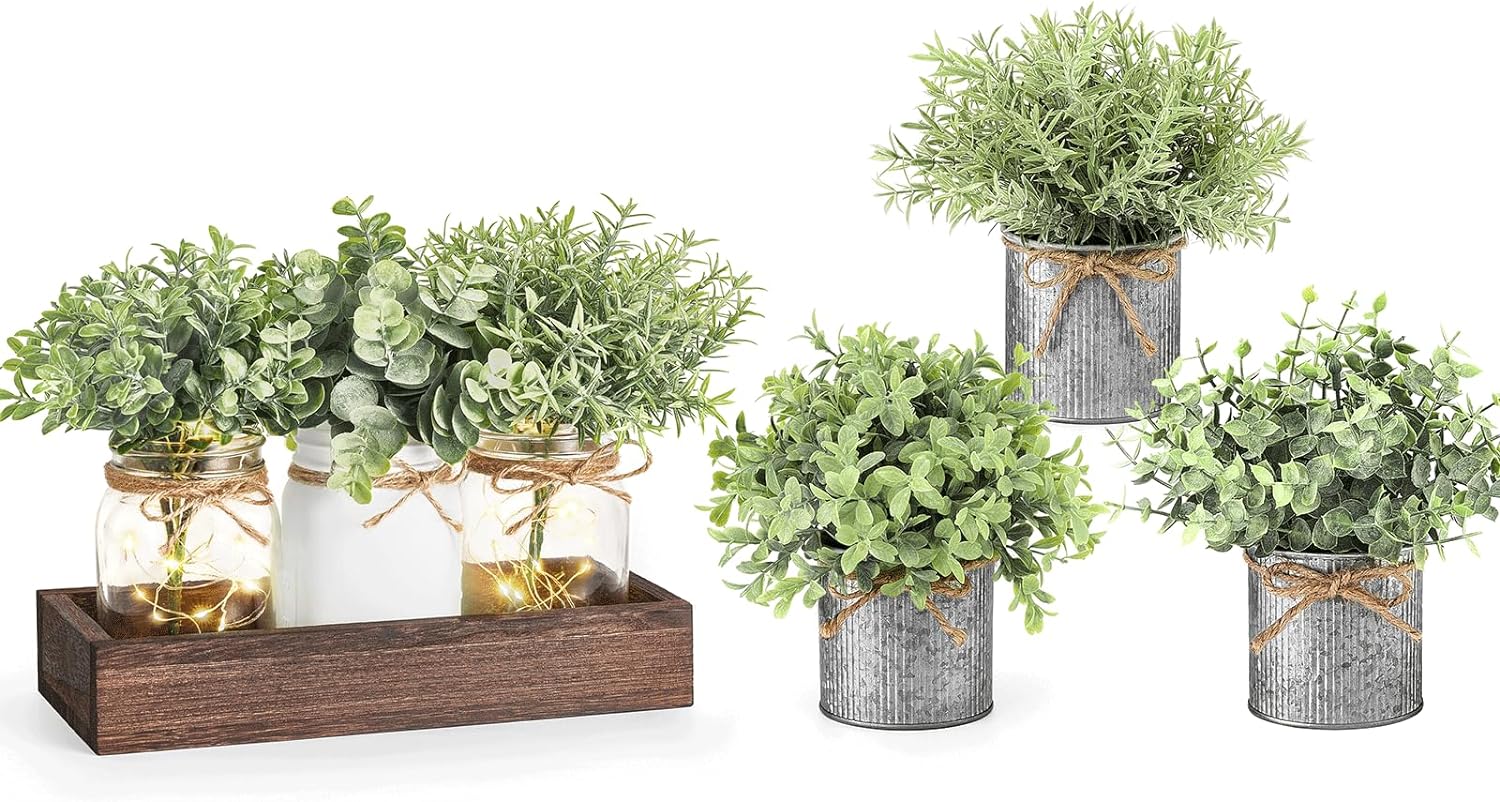 Mkono Mini Fake Plants and Mason Jar Table Centerpiece Rustic Farmhouse Decor Lightweight Potted Artificial Plants Faux Eucalyptus for Indoor Shelf Dining Room Home Office Decor