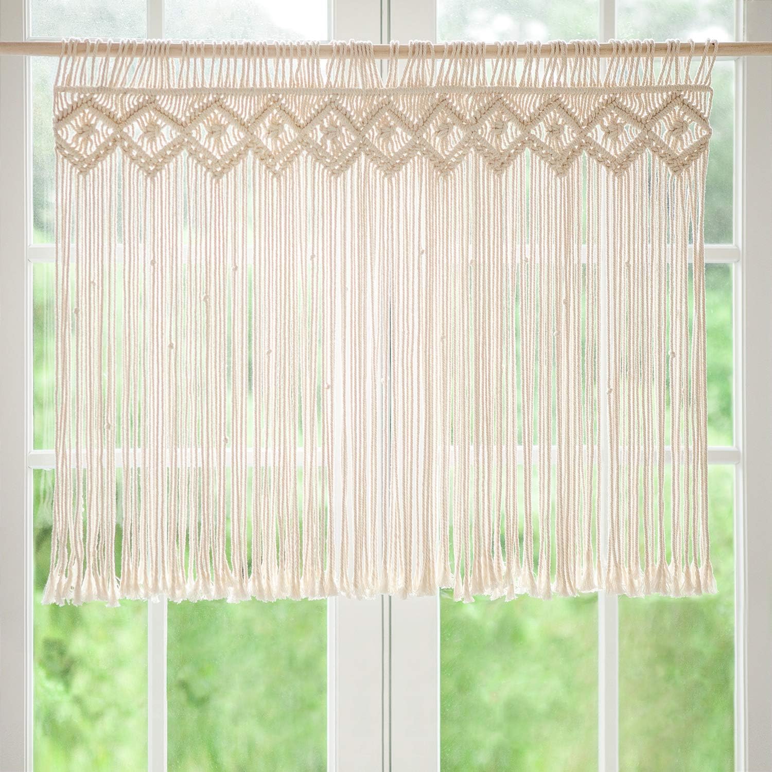 Mkono Wide Macrame Valance, 35 W x 26 H Short Window Treatments Panels Curtain Valance Woven Boho Wall Hanging Home Decor for Kitchen Bathroom Bedroom Living Room Apartment Dorm