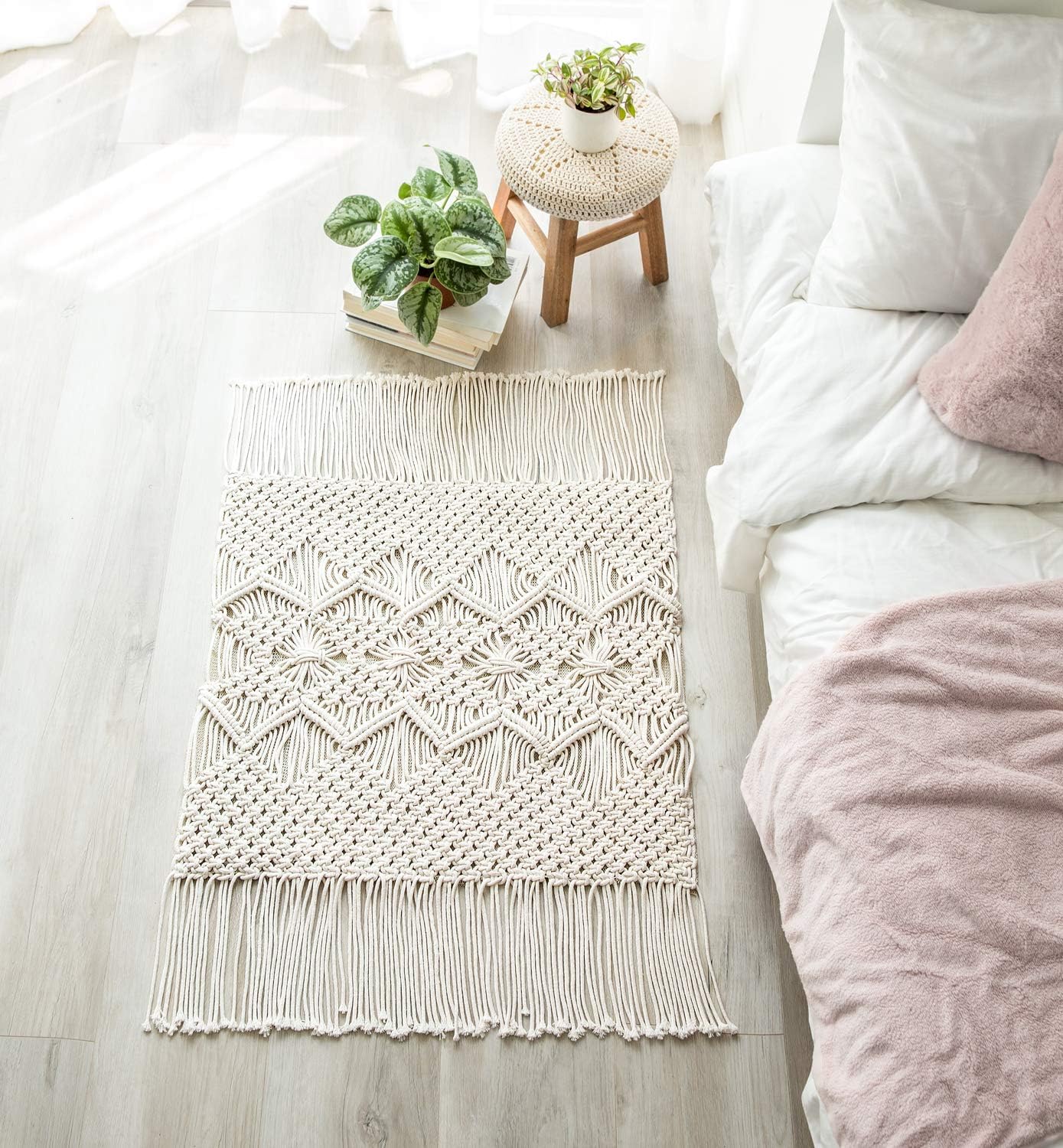 Mkono Macrame Rug Boho Area Rugs Cotton Woven Small Carpets with Tassels for Bedroom Living Room Bathroom Entryway Nursery Home Decor, 35 L x 24 W