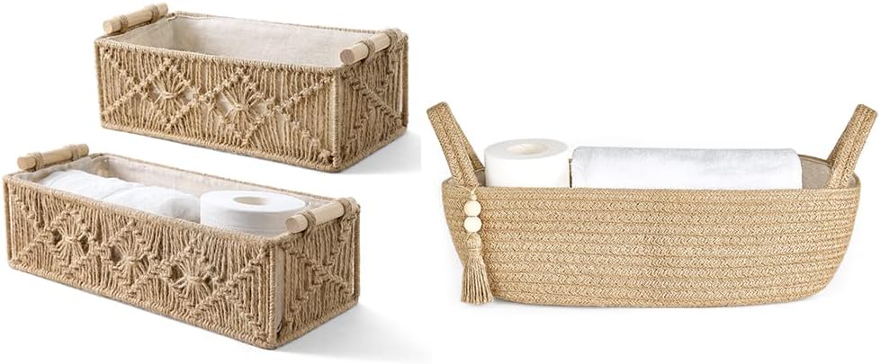 Mkono Storage Baskets and Decorative Jute Rope Storage Bin Boho Decor for Bedroom, Dorm, Living Room, Bathroom, Set of 3