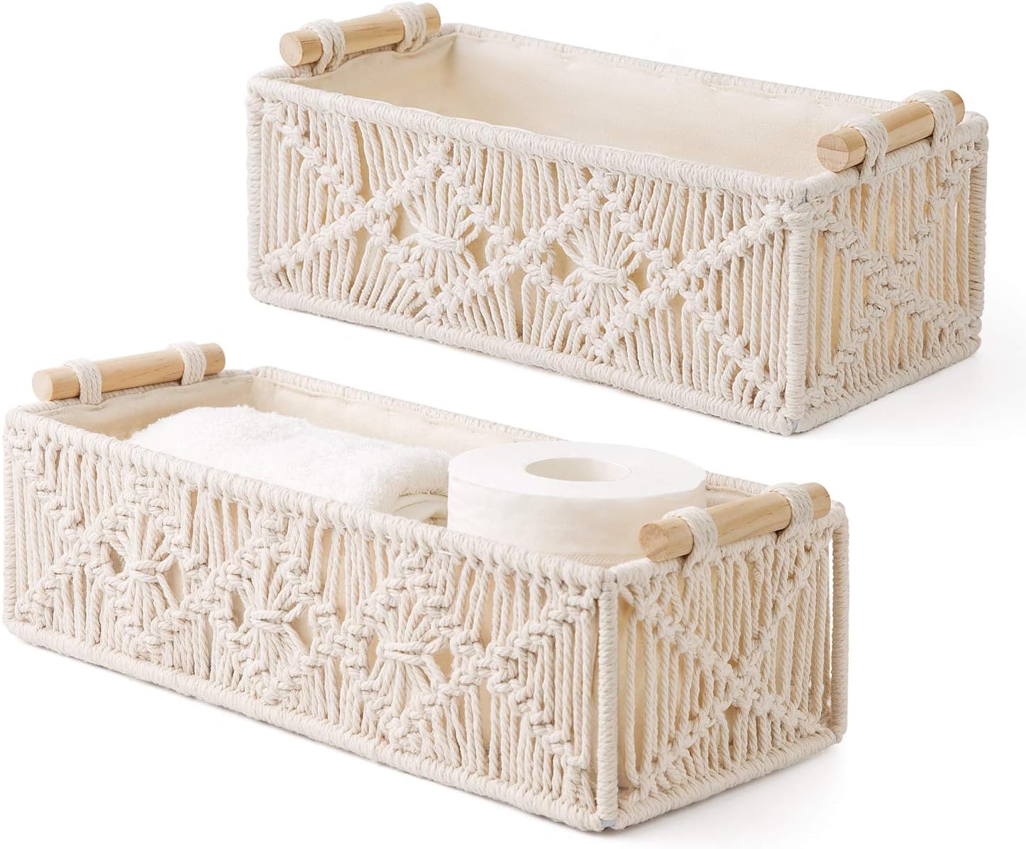 Mkono Macrame Storage Baskets Boho Decor Box Handmade Woven Decorative Countertop Toilet Tank Shelf Cabinet Organizer for Bedroom Livingroom Home, Set of 2, Ivory