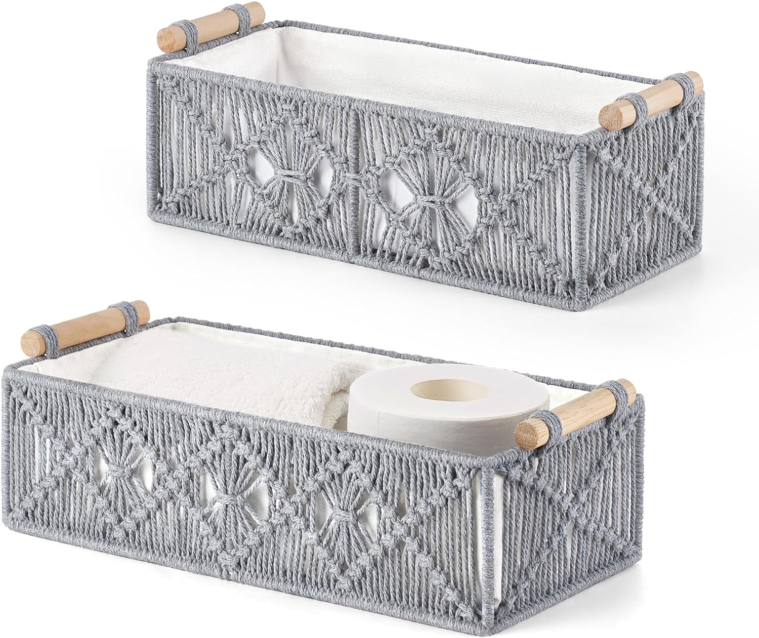 Mkono Macrame Storage Baskets Boho Decor Box Handmade Woven Decorative Countertop Toilet Tank Shelf Cabinet Organizer for Bedroom Livingroom Home, Set of 2, Grey