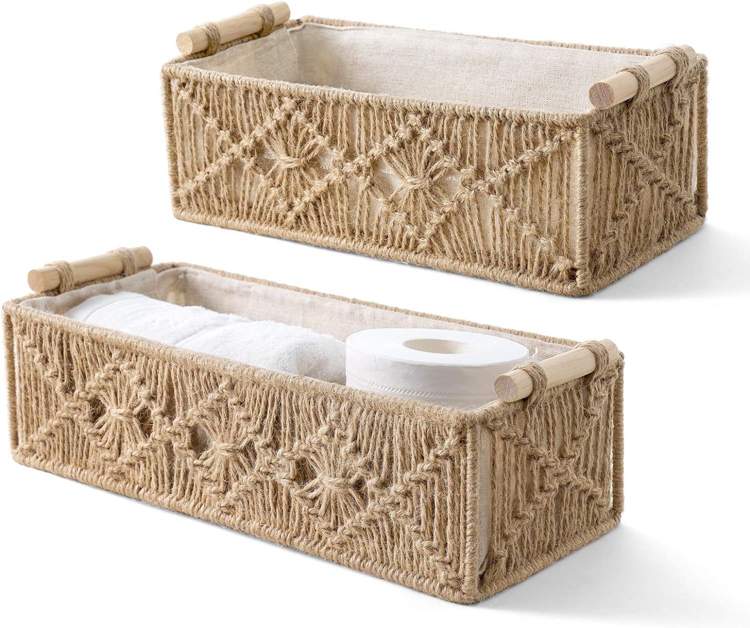 Mkono Macrame Storage Baskets Boho Decor Box Handmade Woven Decorative Countertop Toilet Tank Shelf Cabinet Organizer for Bedroom Livingroom Home, Set of 2, Brown