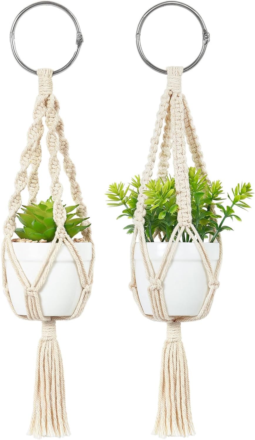 Mkono Mini Macrame Plant Car Accessories Rear View Mirrior Charm Cute Hanging Rearview Car Decor Boho Hanger with Artificial Succulent Plants Gifts for Plant Lover Set of 2, White