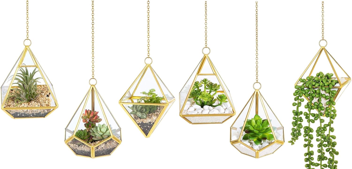 Mkono Small Hanging Glass Terrarium Geometric Terrarium Container with 4 Pack Artificial Plant Vertical Modern Planter Windowsill Decor DIY Box Centerpiece Gift for Succulent Fern Air Plant