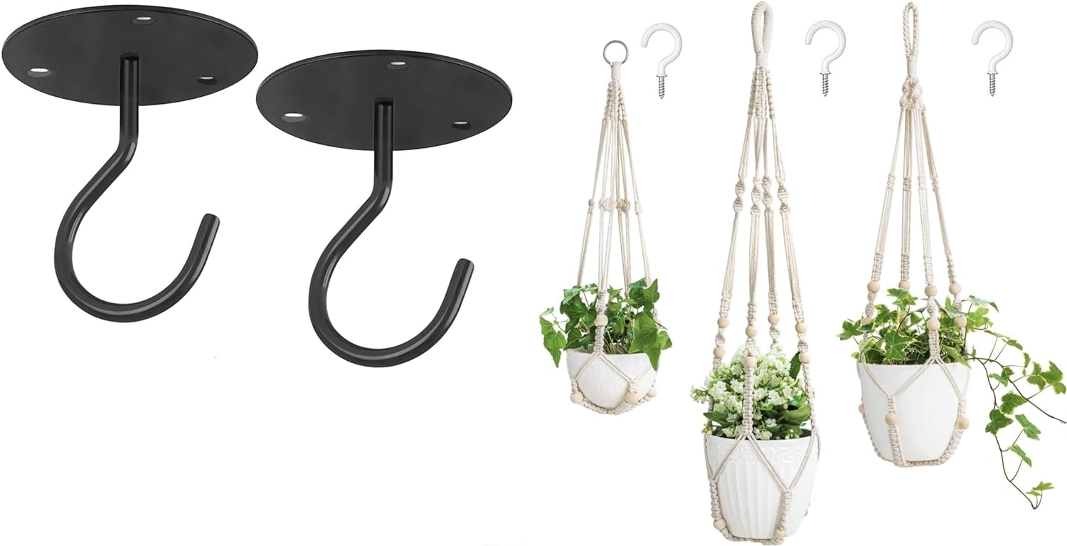 Mkono 3 Pack Macrame Plant Hangers and Ceiling Hooks, Different Size Hanging Planter Basket Flower Pot Holder with BeadsMedium, Ivory