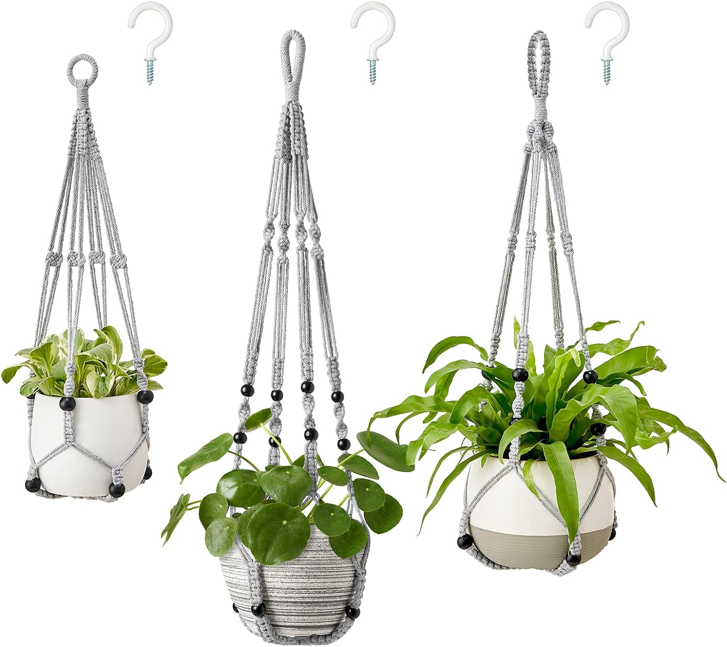 Mkono 3 Pack Macrame Plant Hangers Indoor Different Size Hanging Planter Basket Flower Pot Holder with Beads No Tassels 35/29/23, Medium, Grey