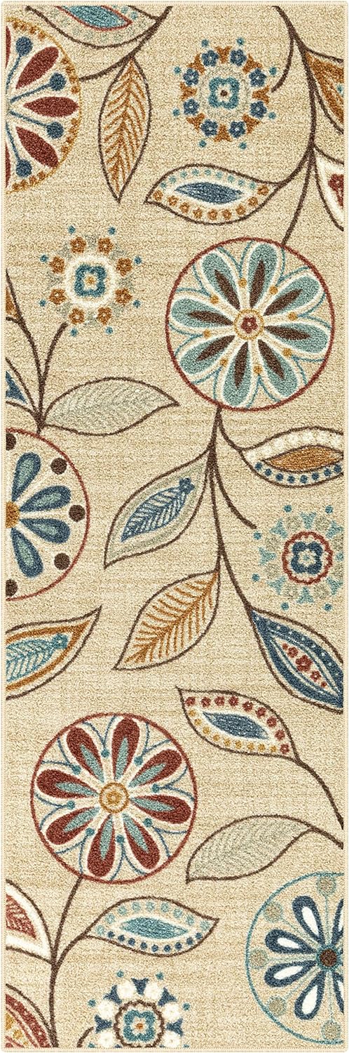 Maples Rugs Reggie Floral Runner Rug Non Slip Hallway Entry Carpet [Made in USA], 1 ft 8 x 5, Beige