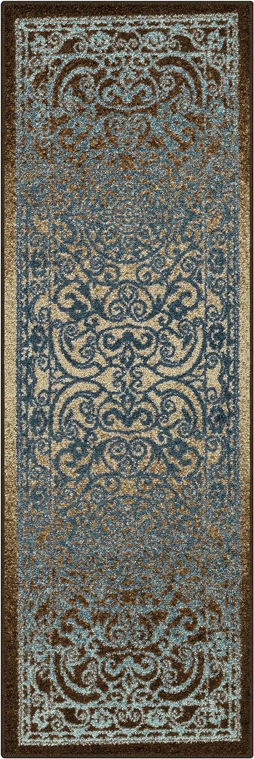 Maples Rugs Pelham Vintage Runner Rug Non Slip Washable Hallway Entry Carpet [Made in USA], 1'8 x 5, Blue/Walnut