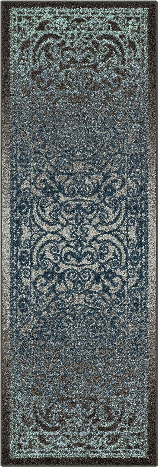 Maples Rugs Pelham Vintage Runner Rug Non Slip Washable Hallway Entry Carpet [Made in USA], 2 x 6, Charcoal/Radiant Blue