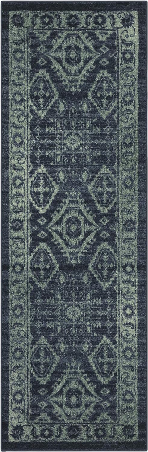 Maples Rugs Georgina Traditional Runner Rug Non Slip Washable Hallway Entry Carpet [Made in USA], 2' x 6', Navy Blue/Green