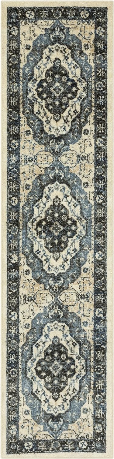 Maples Rugs Caprice Boho Medallion Hallway Entryway Runner Non Skid Runner Rug [Made in USA], Neutral/Blue, 2' x 8'